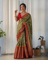 Designer Kalamkari Printed Saree of Green Color