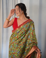 Designer Kalamkari Printed Saree of Green Color