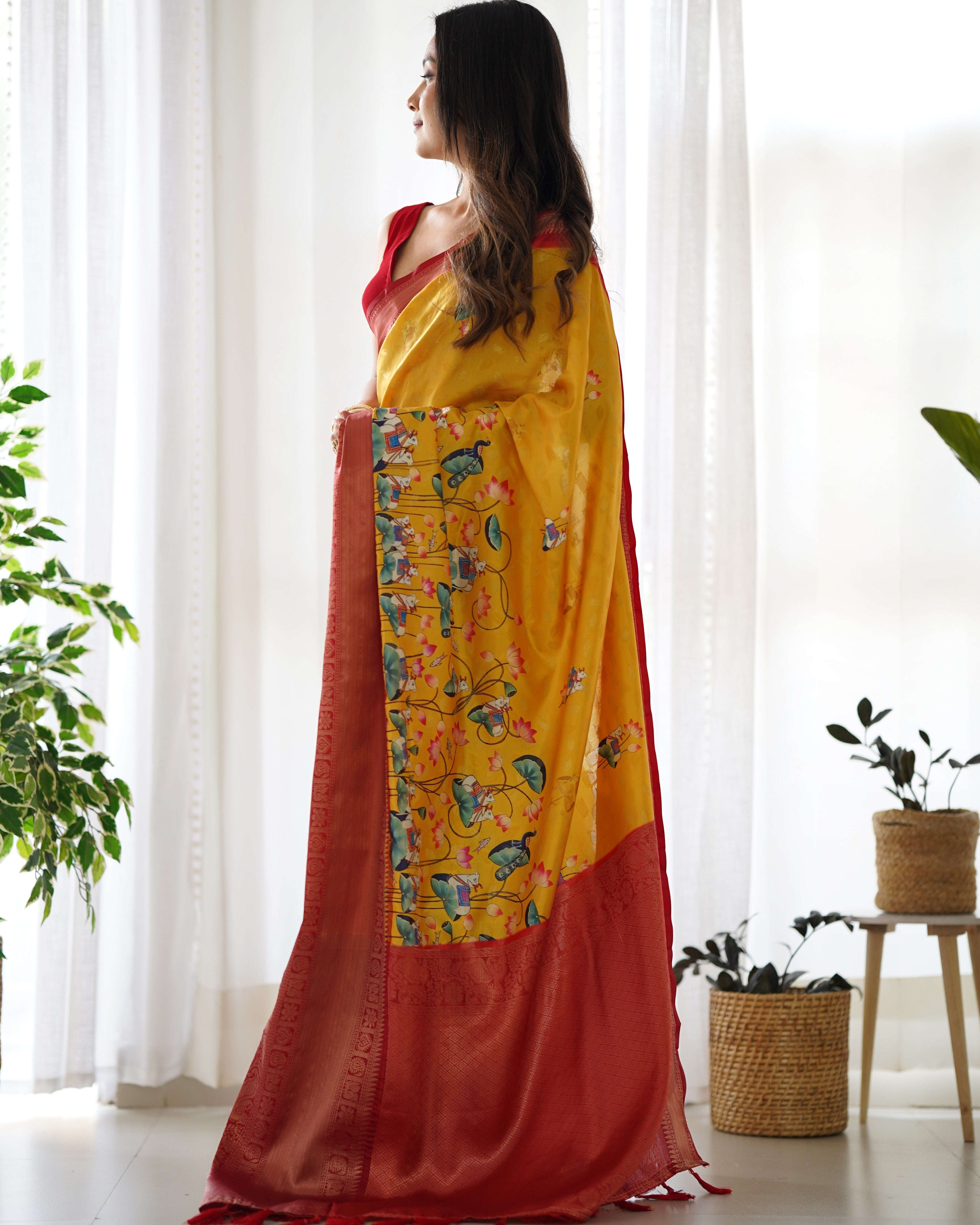 Designer Kalamkari Printed Saree of Mustered Yellow Color Kalikar