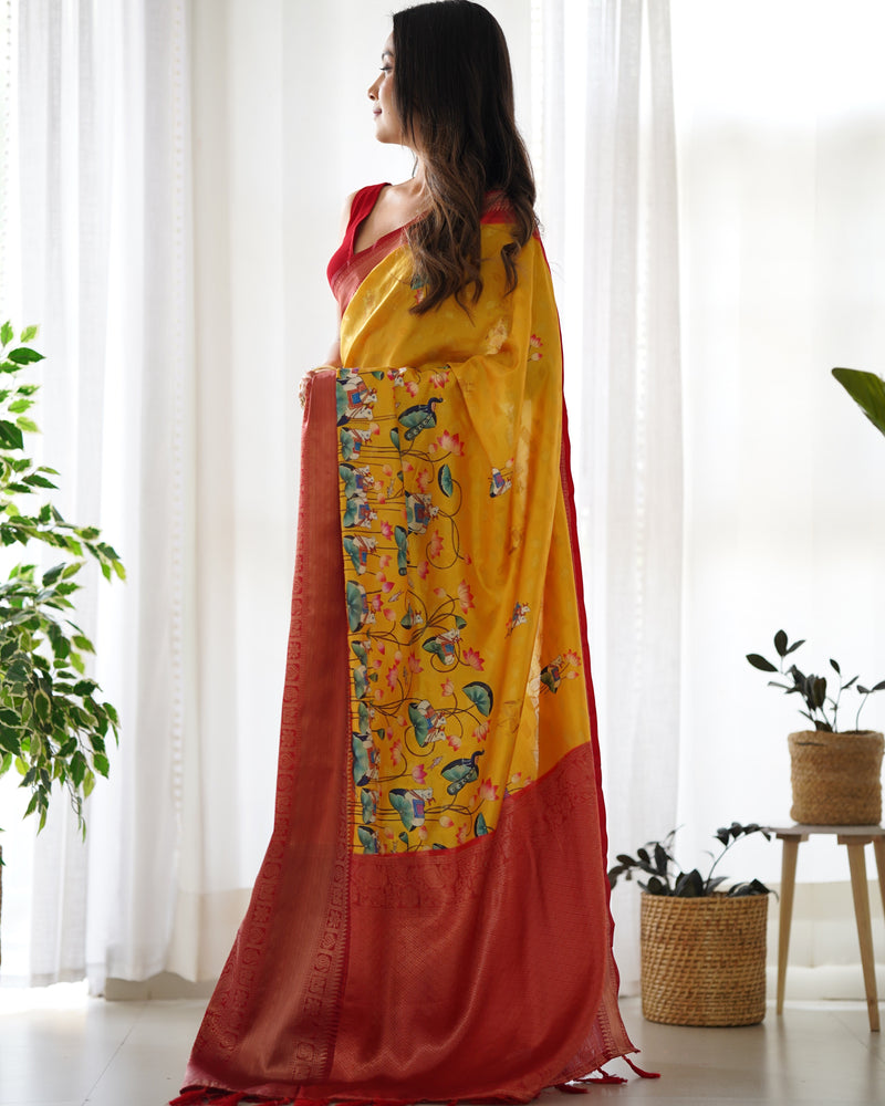 Designer Kalamkari Printed Saree of Mustered Yellow Color