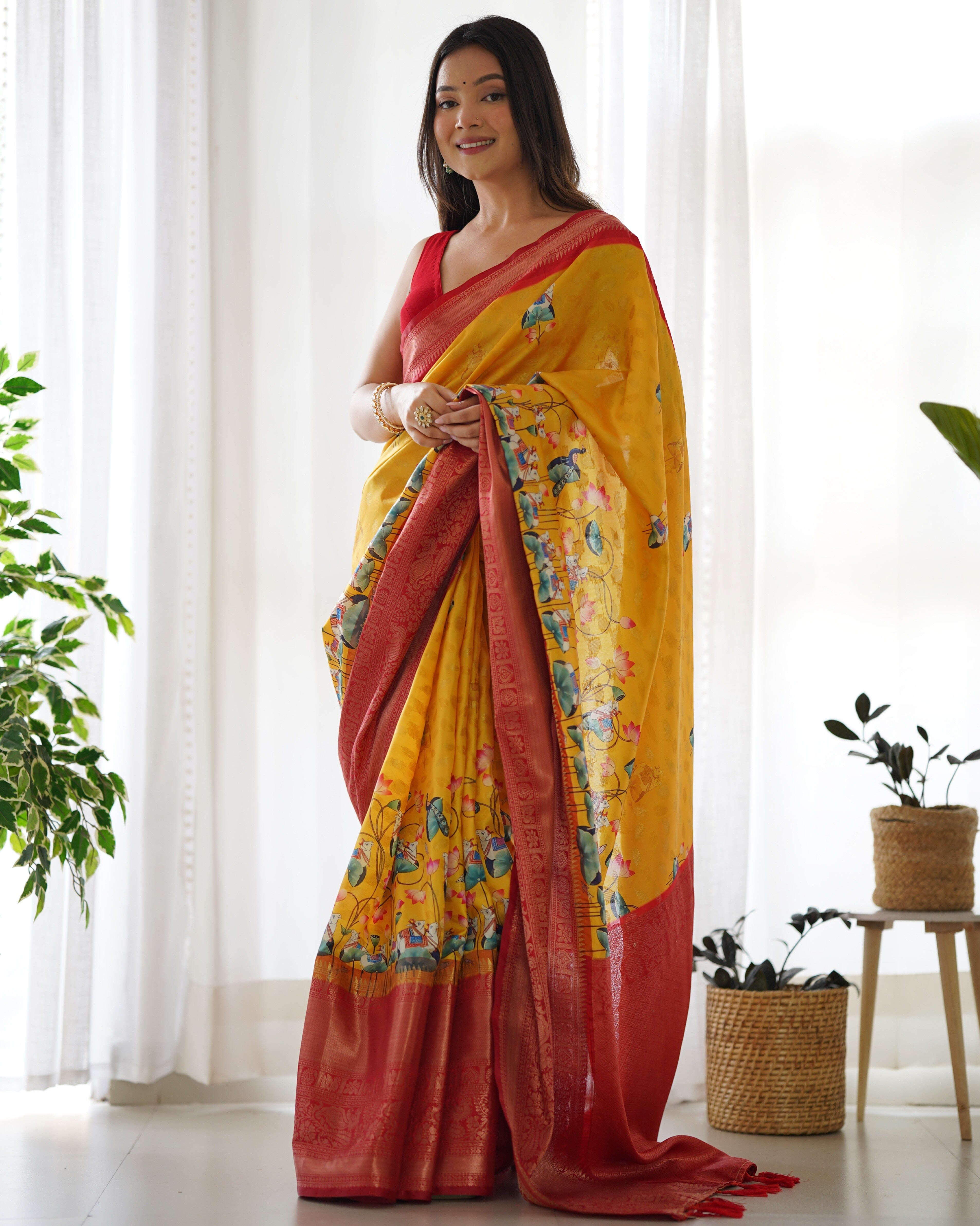 Designer Kalamkari Printed Saree of Mustered Yellow Color Kalikar