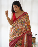 Designer Kalamkari Printed Saree of Peach Color