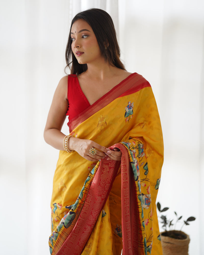 Designer Kalamkari Printed Saree of Mustered Yellow Color