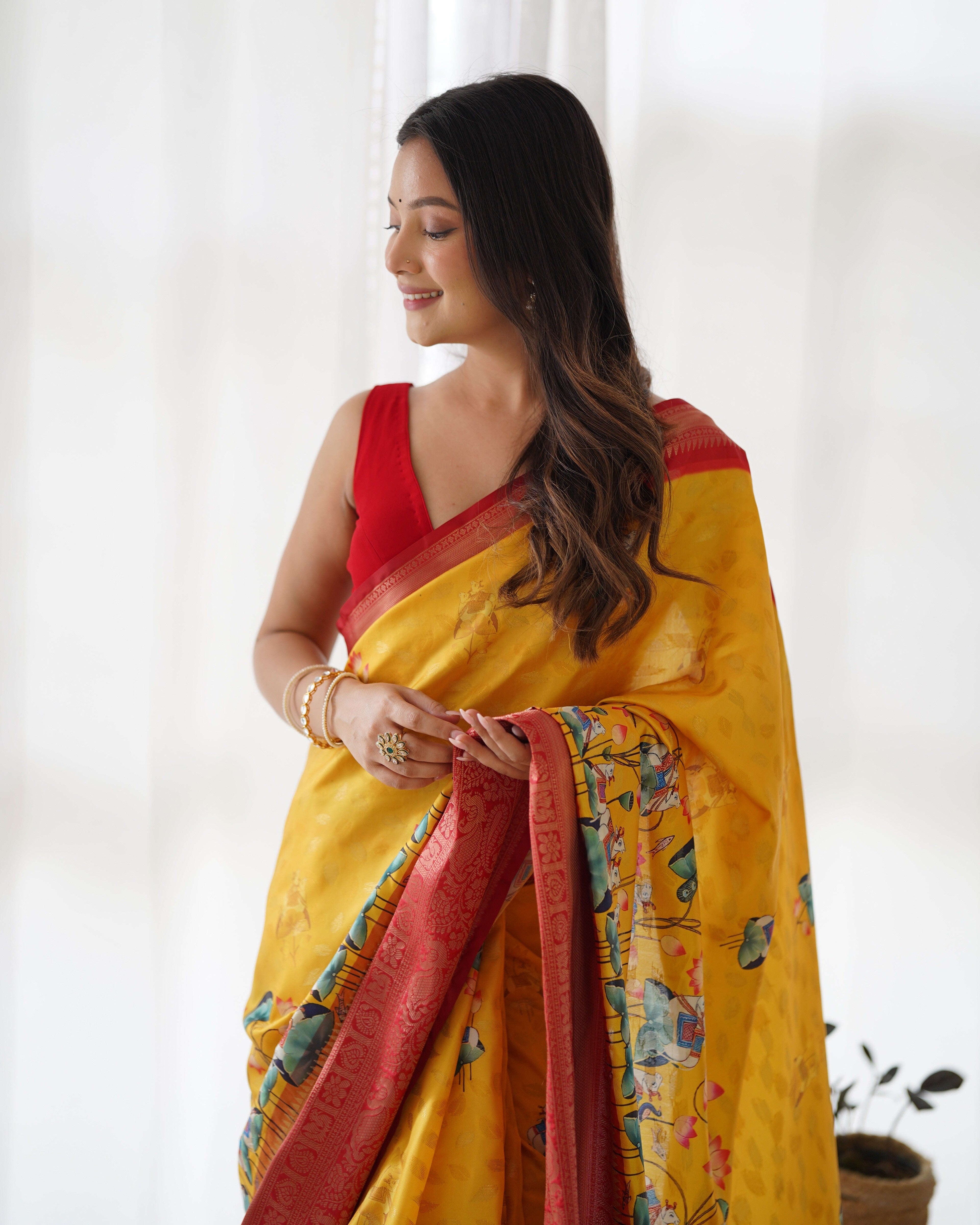 Designer Kalamkari Printed Saree of Mustered Yellow Color Kalikar