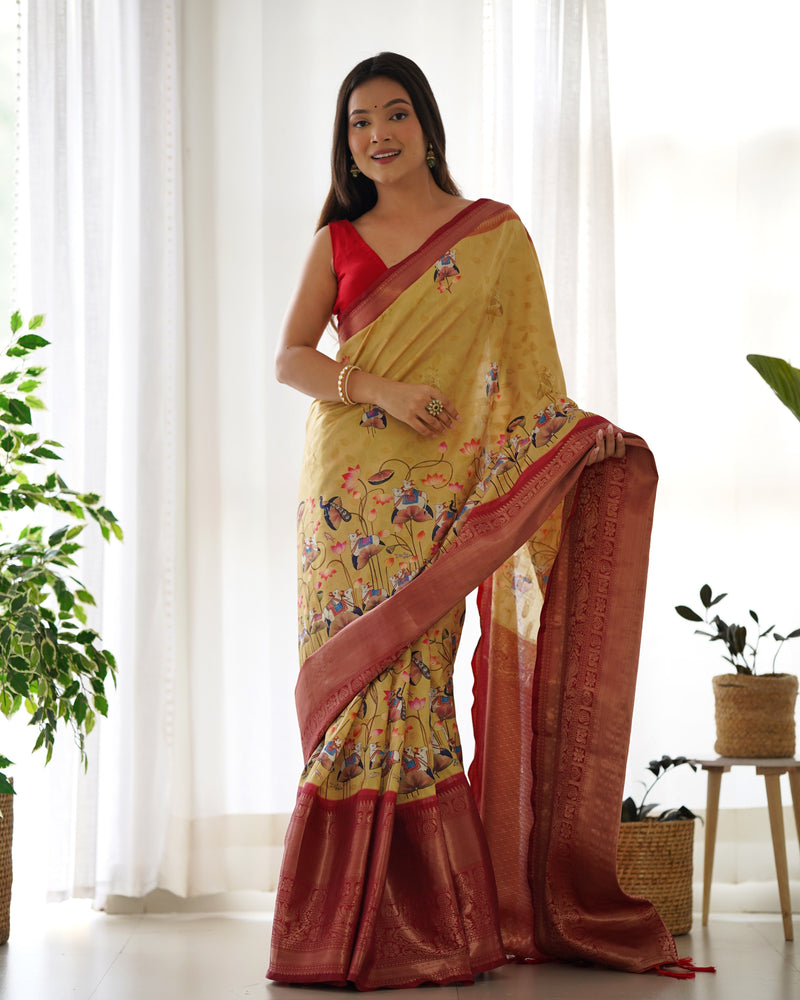 Designer Kalamkari Printed Saree of Yellow Color