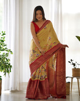 Designer Kalamkari Printed Saree of Yellow Color