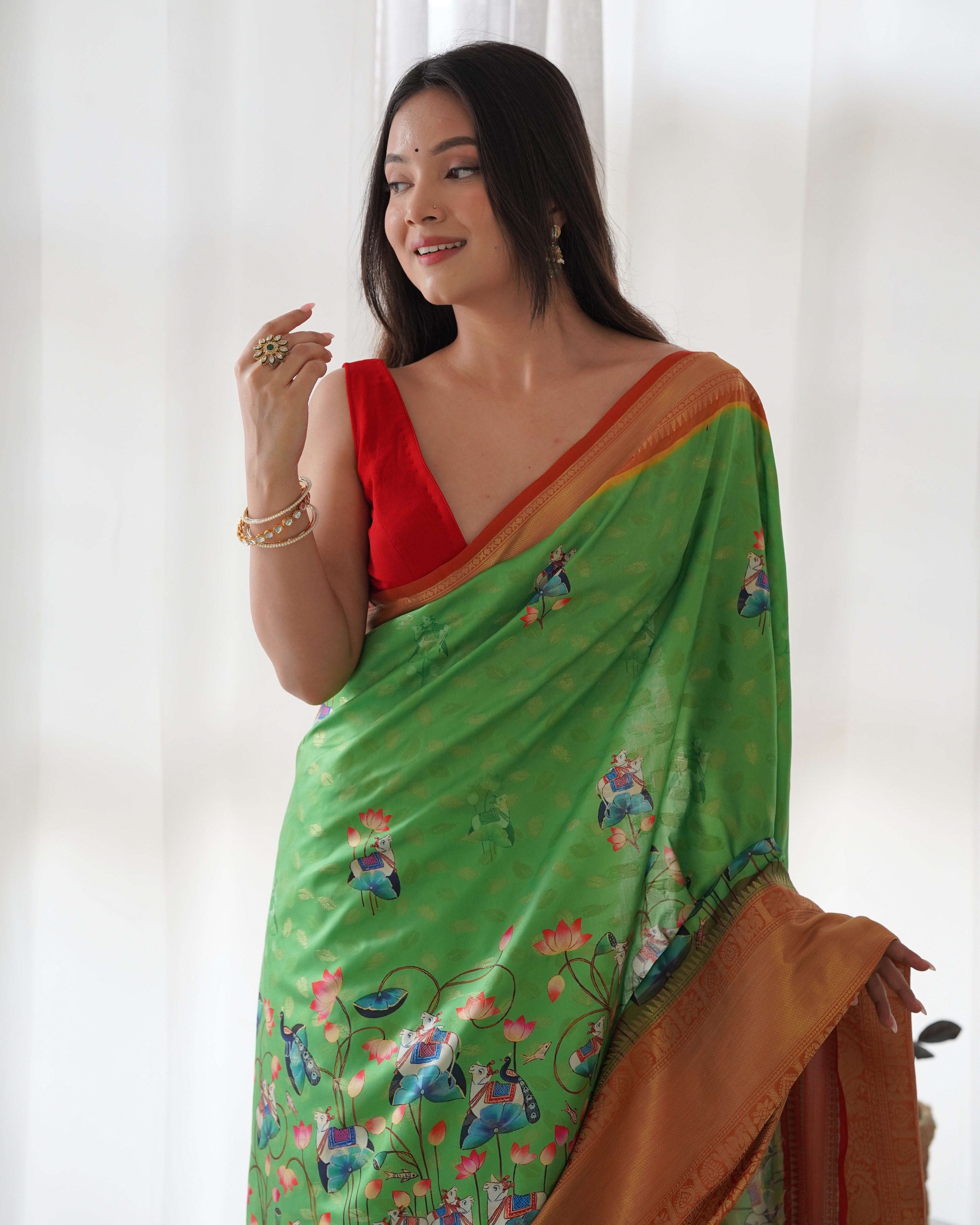Designer Kalamkari Printed Saree of Green Color Kalikar