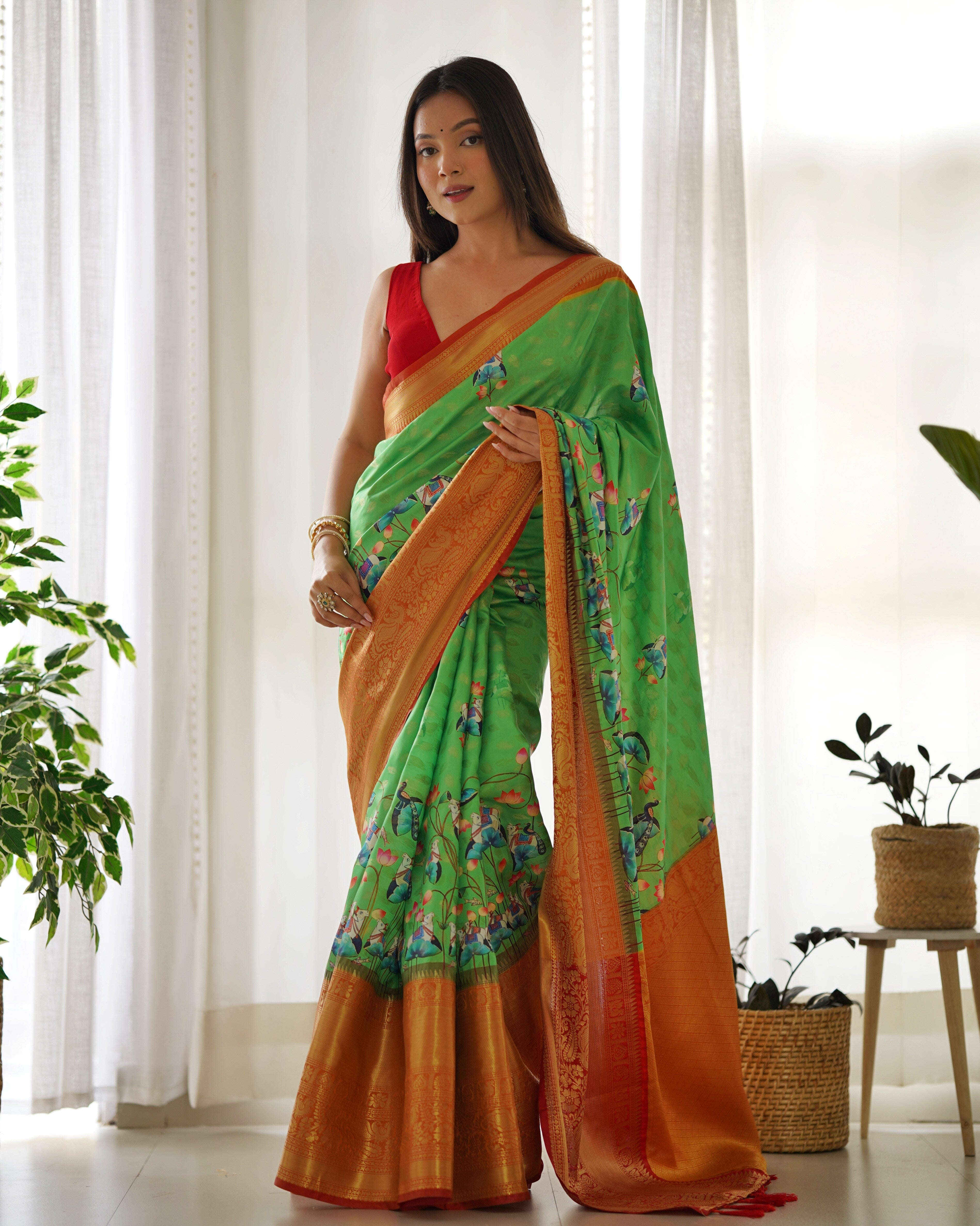 Designer Kalamkari Printed Saree of Green Color Kalikar