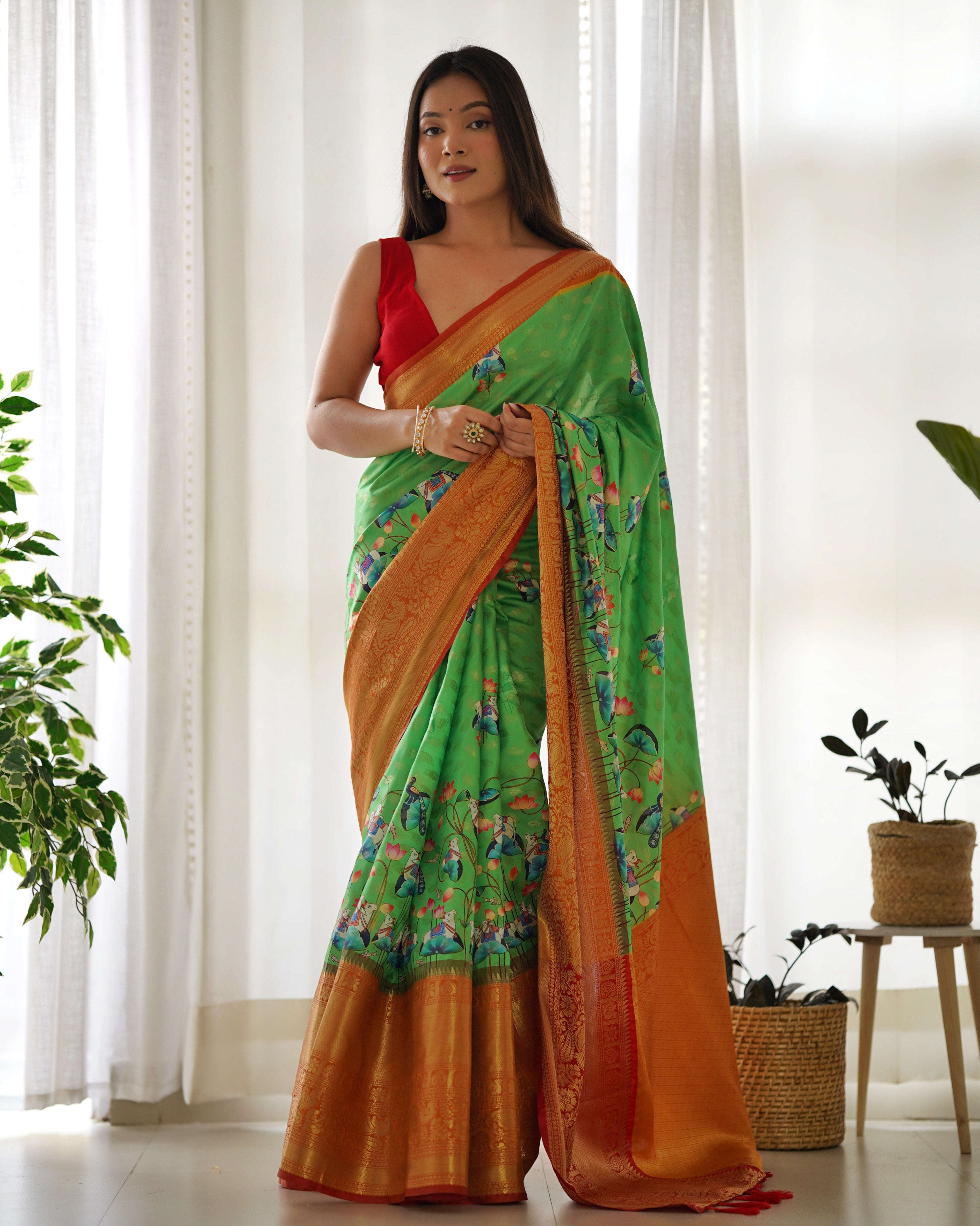 Designer Kalamkari Printed Saree of Green Color Kalikar