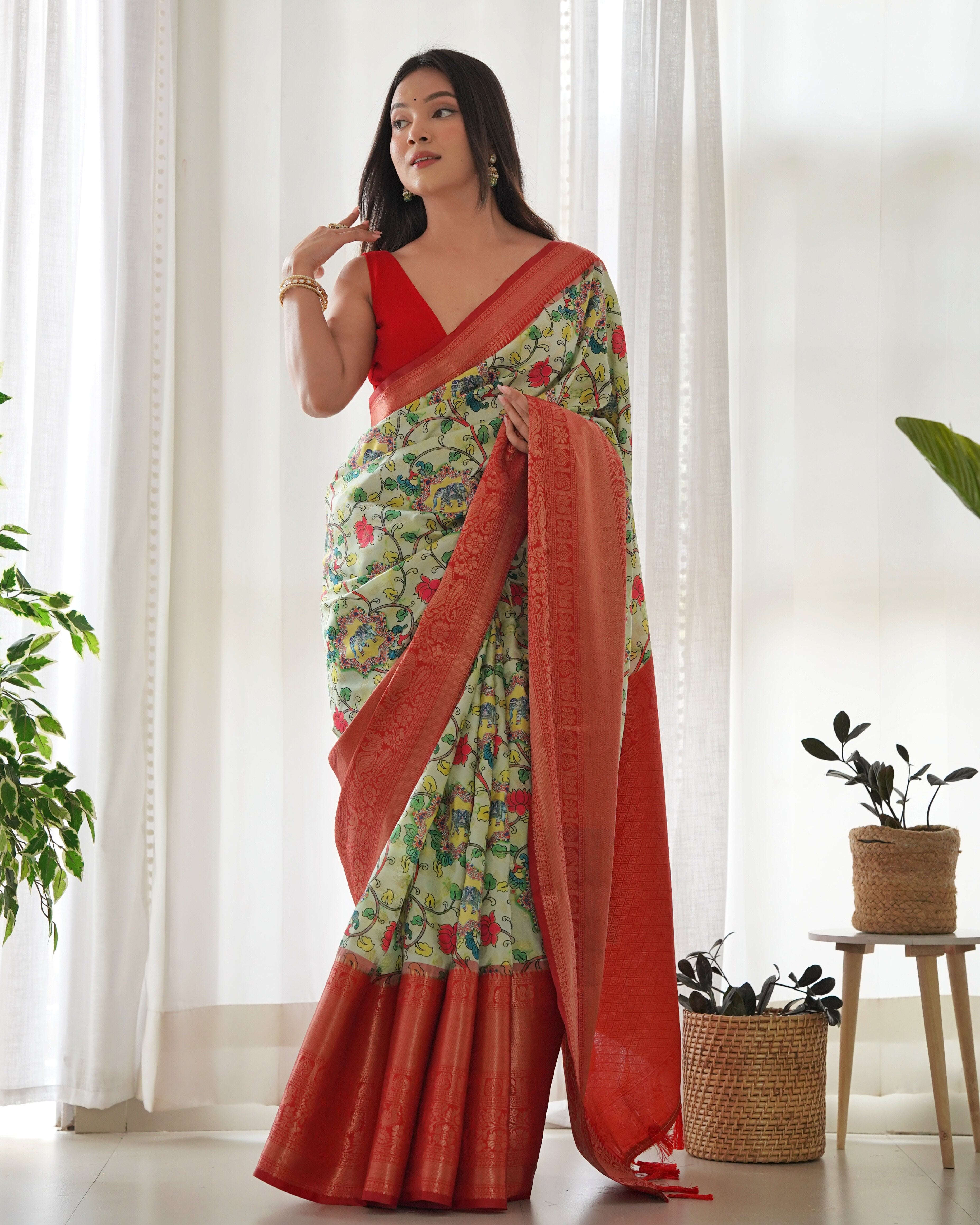 Designer Kalamkari Printed Saree of Pista Green Color Kalikar