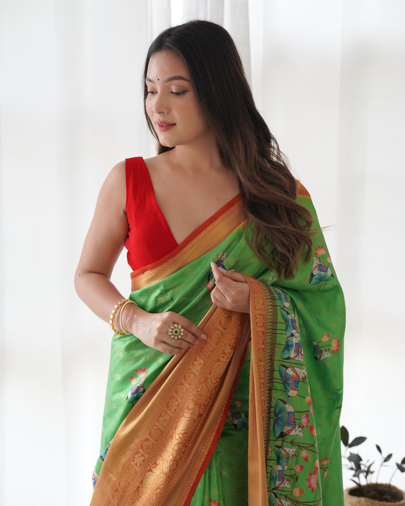 Designer Kalamkari Printed Saree of Green Color