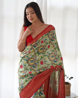 Designer Kalamkari Printed Saree of Pista Green Color