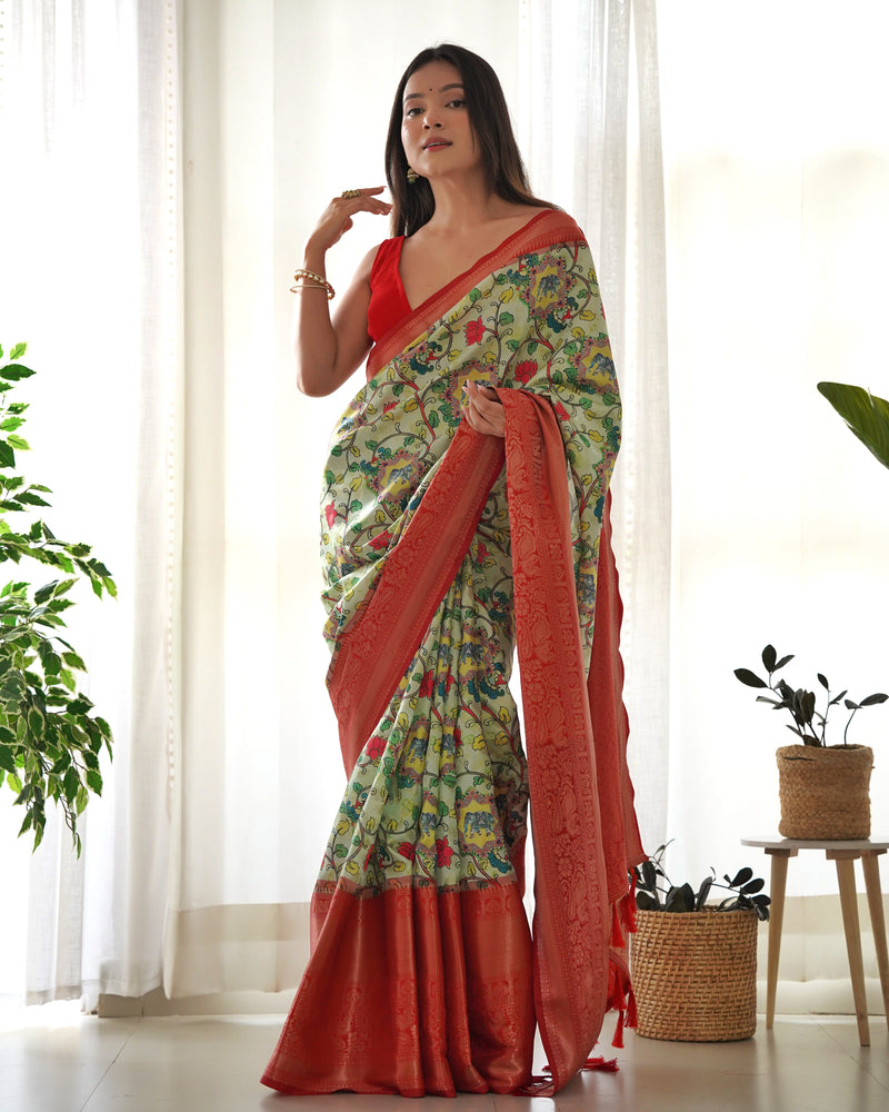 Designer Kalamkari Printed Saree of Pista Green Color