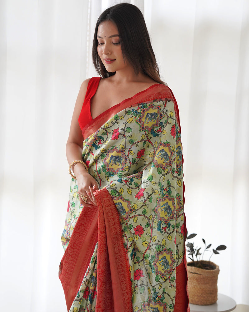 Designer Kalamkari Printed Saree of Pista Green Color