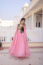 Designer Embroidered Shrug with Solid Plain Gown of Green Colour