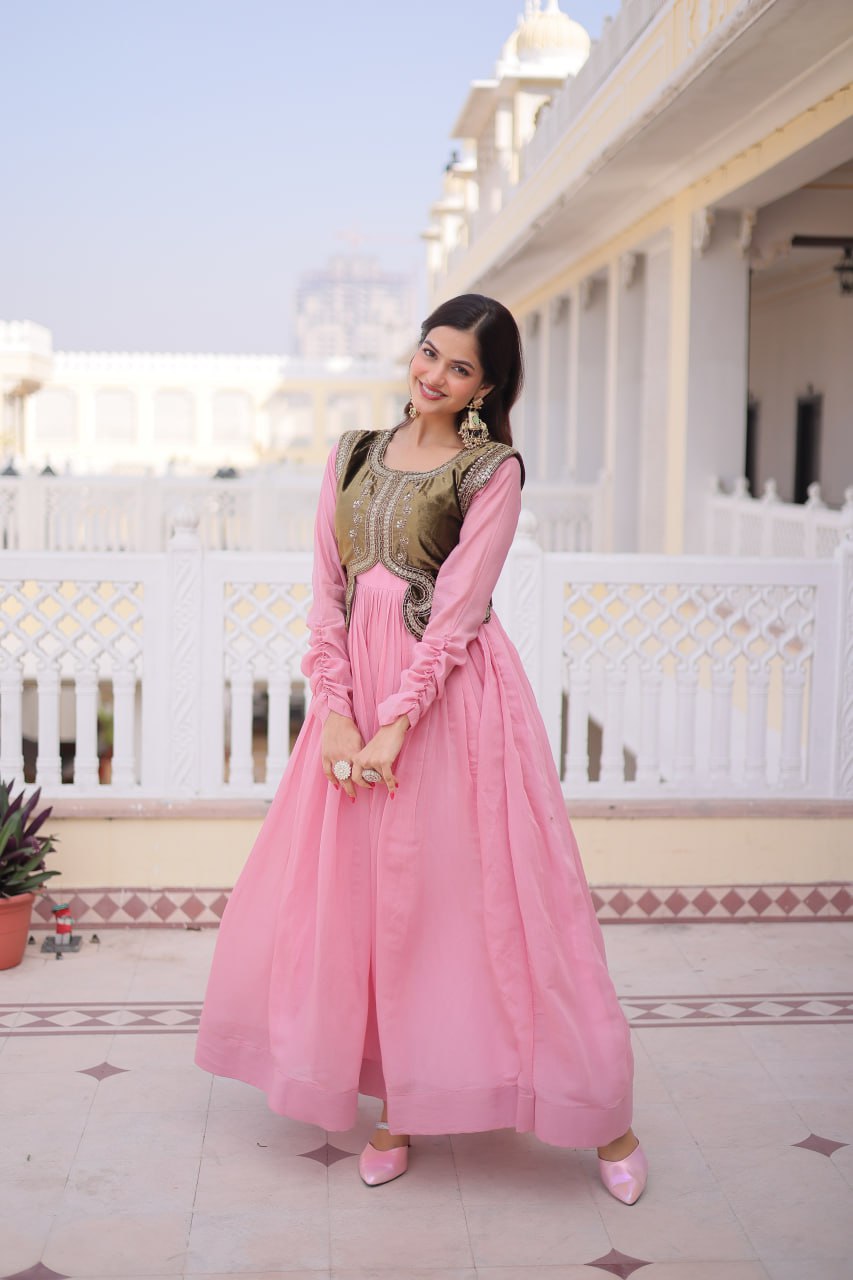 Designer Embroidered Shrug with Solid Plain Gown of Green Colour