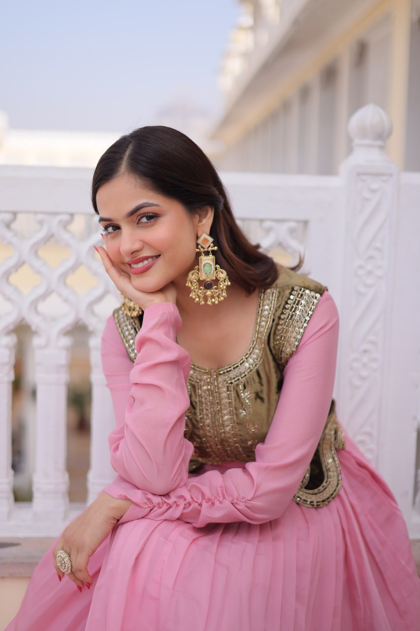 Designer Embroidered Shrug with Solid Plain Gown of Green Colour