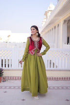 Designer Embroidered Shrug with Solid Plain Gown of Green Colour