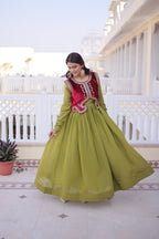 Designer Embroidered Shrug with Solid Plain Gown of Green Colour