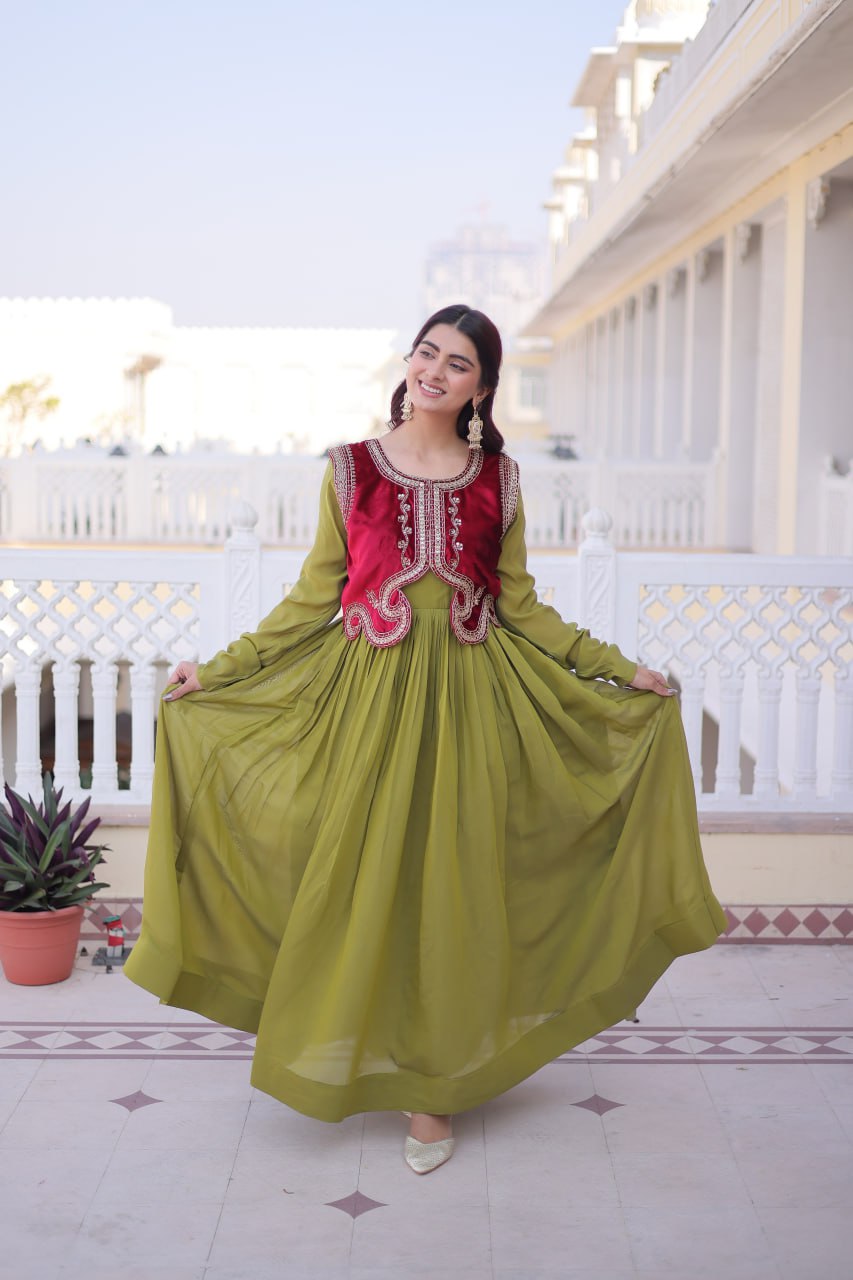 Designer Embroidered Shrug with Solid Plain Gown of Green Colour