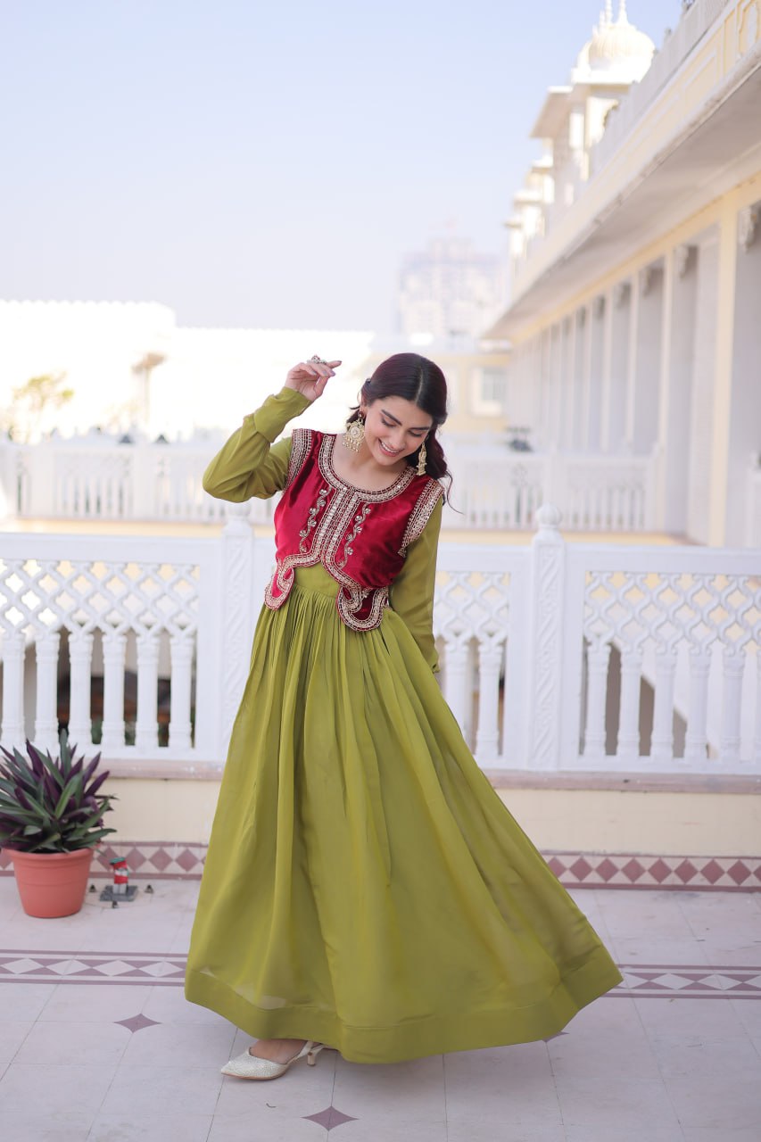 Designer Embroidered Shrug with Solid Plain Gown of Green Colour