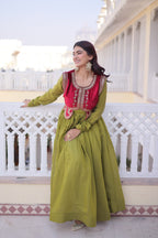 Designer Embroidered Shrug with Solid Plain Gown of Green Colour