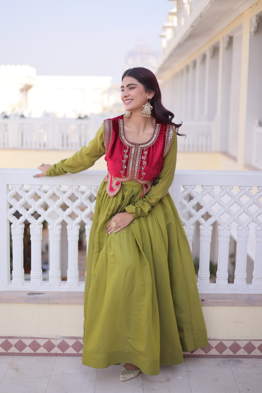 Designer Embroidered Shrug with Solid Plain Gown of Green Colour