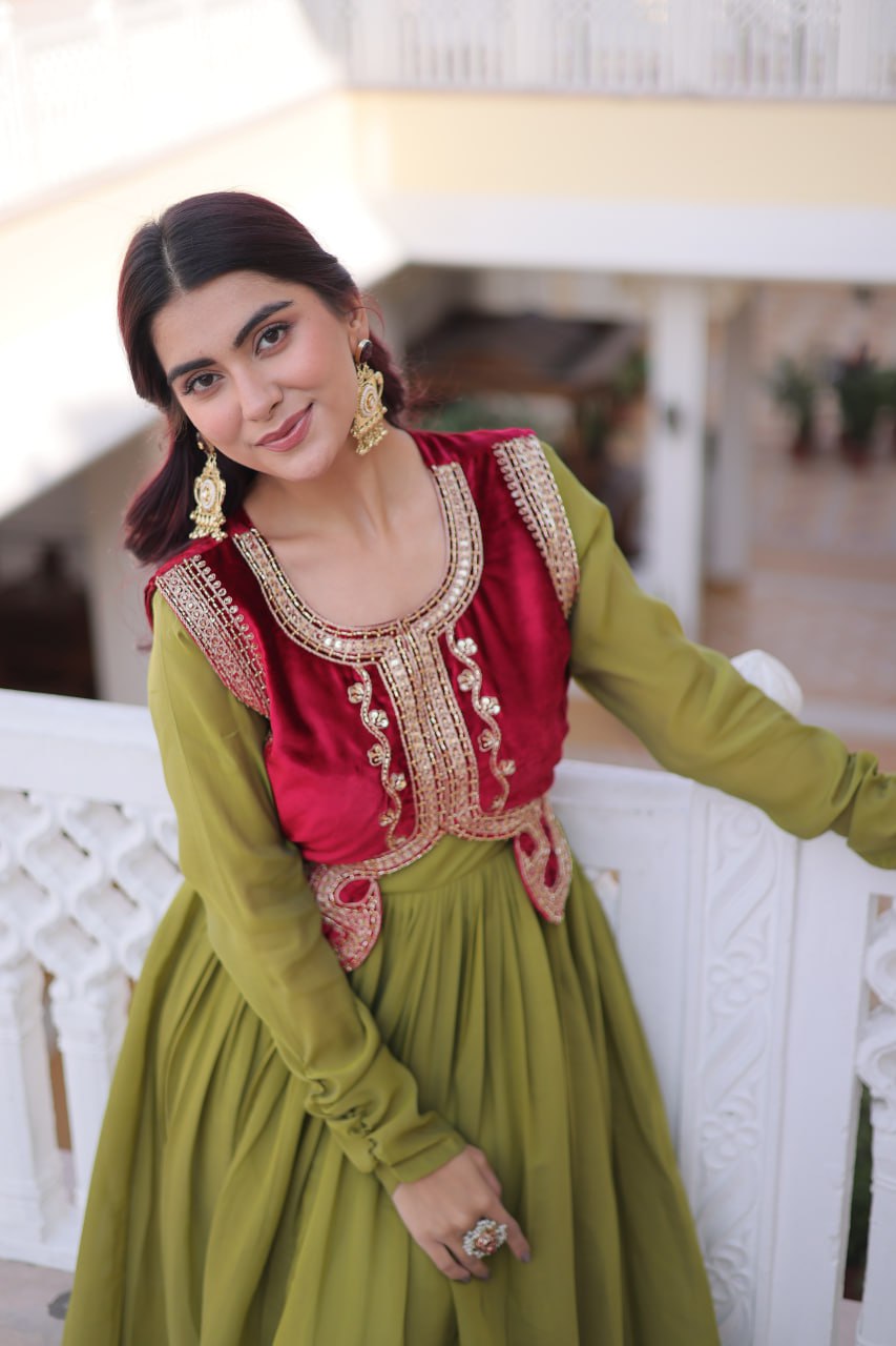 Designer Embroidered Shrug with Solid Plain Gown of Green Colour