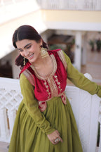 Designer Embroidered Shrug with Solid Plain Gown of Green Colour