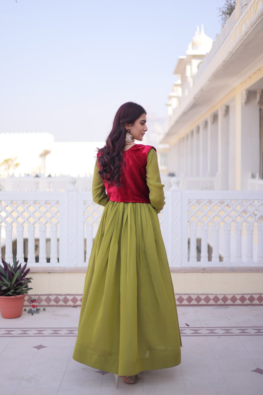 Designer Embroidered Shrug with Solid Plain Gown of Green Colour