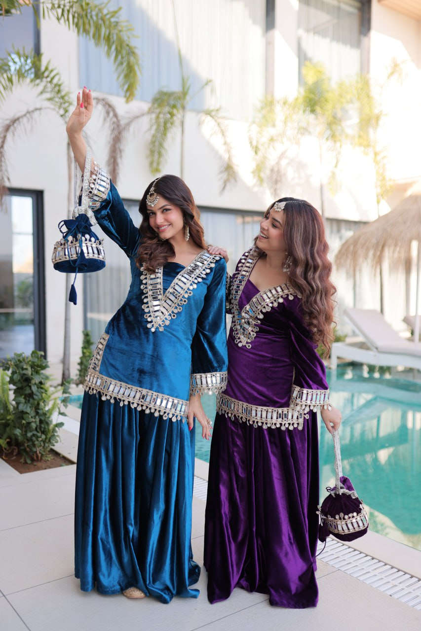 Ice Velvet with Rich Zari Embroidered & Real Mirror work- Kurta set Kalikar