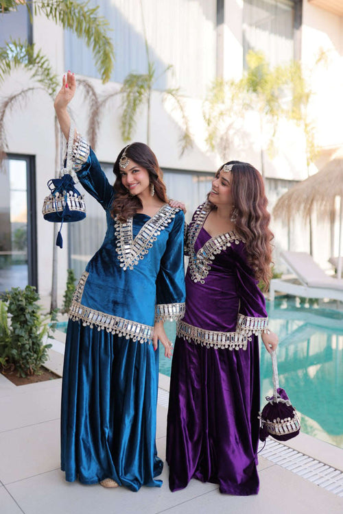 Ice Velvet with Rich Zari Embroidered & Real Mirror work- Kurta set Kalikar