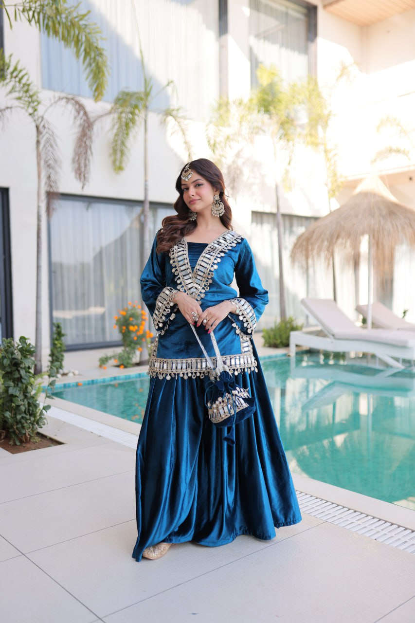 Ice Velvet with Rich Zari Embroidered & Real Mirror work- Kurta set Kalikar
