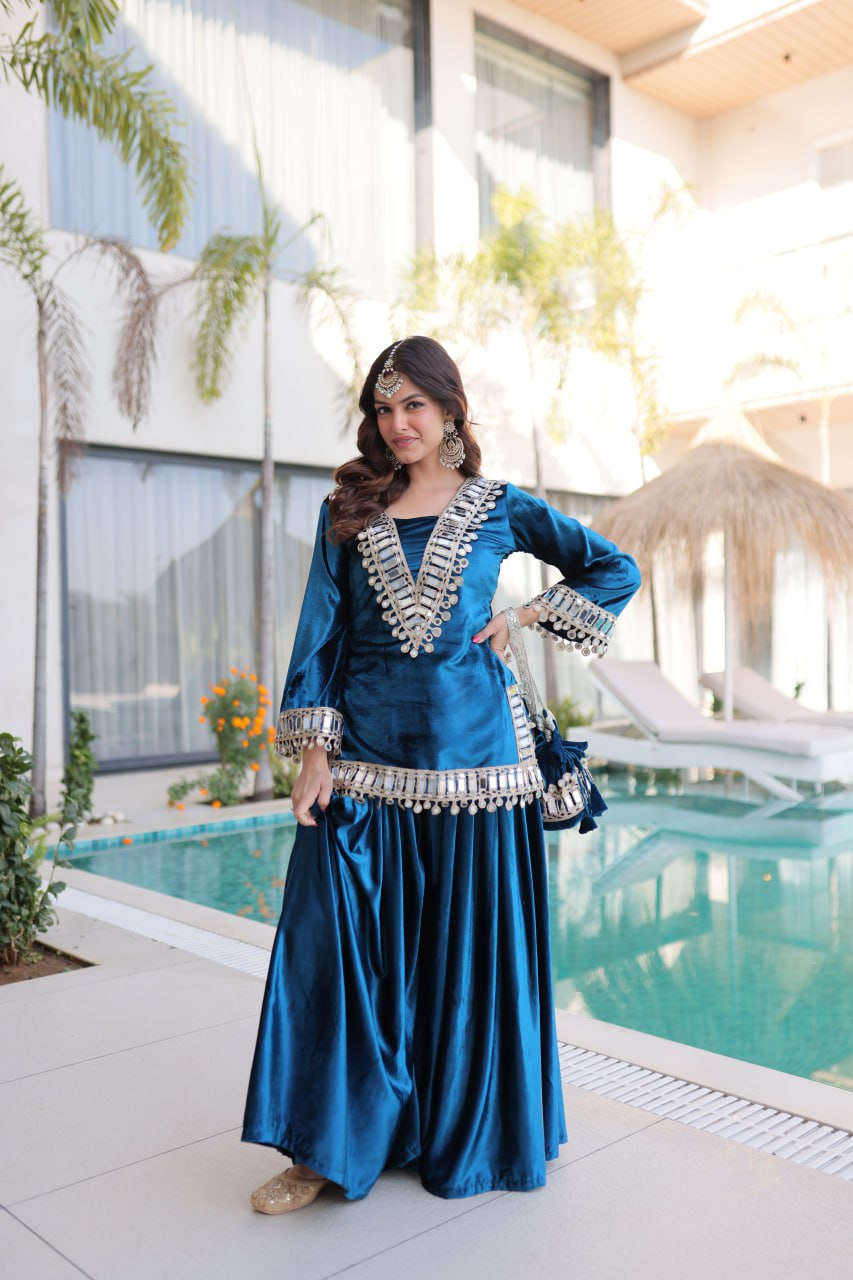 Ice Velvet with Rich Zari Embroidered & Real Mirror work- Kurta set Kalikar
