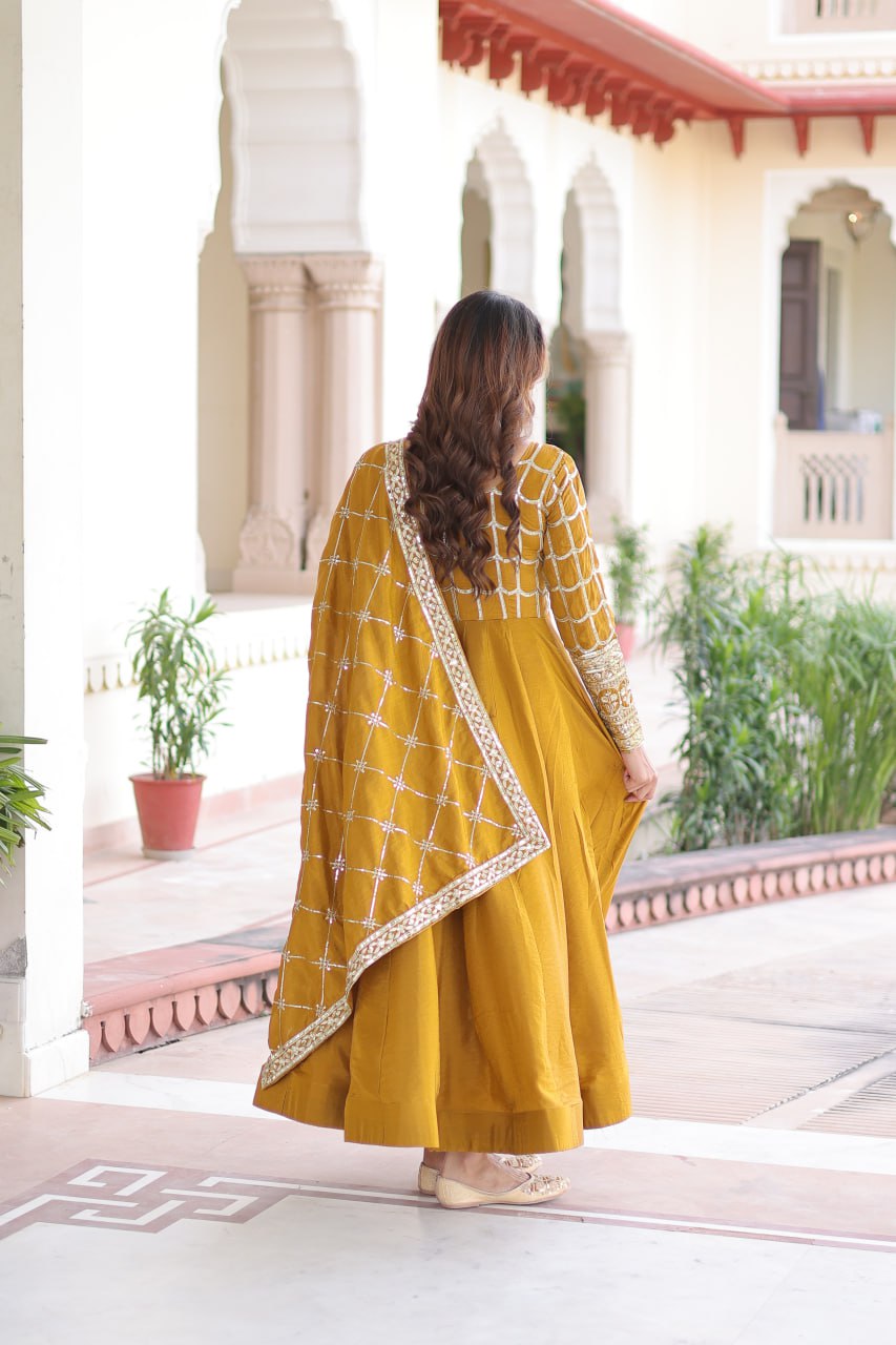 Designer Sequince with Thread Embroidered Gown of Musterd Colour