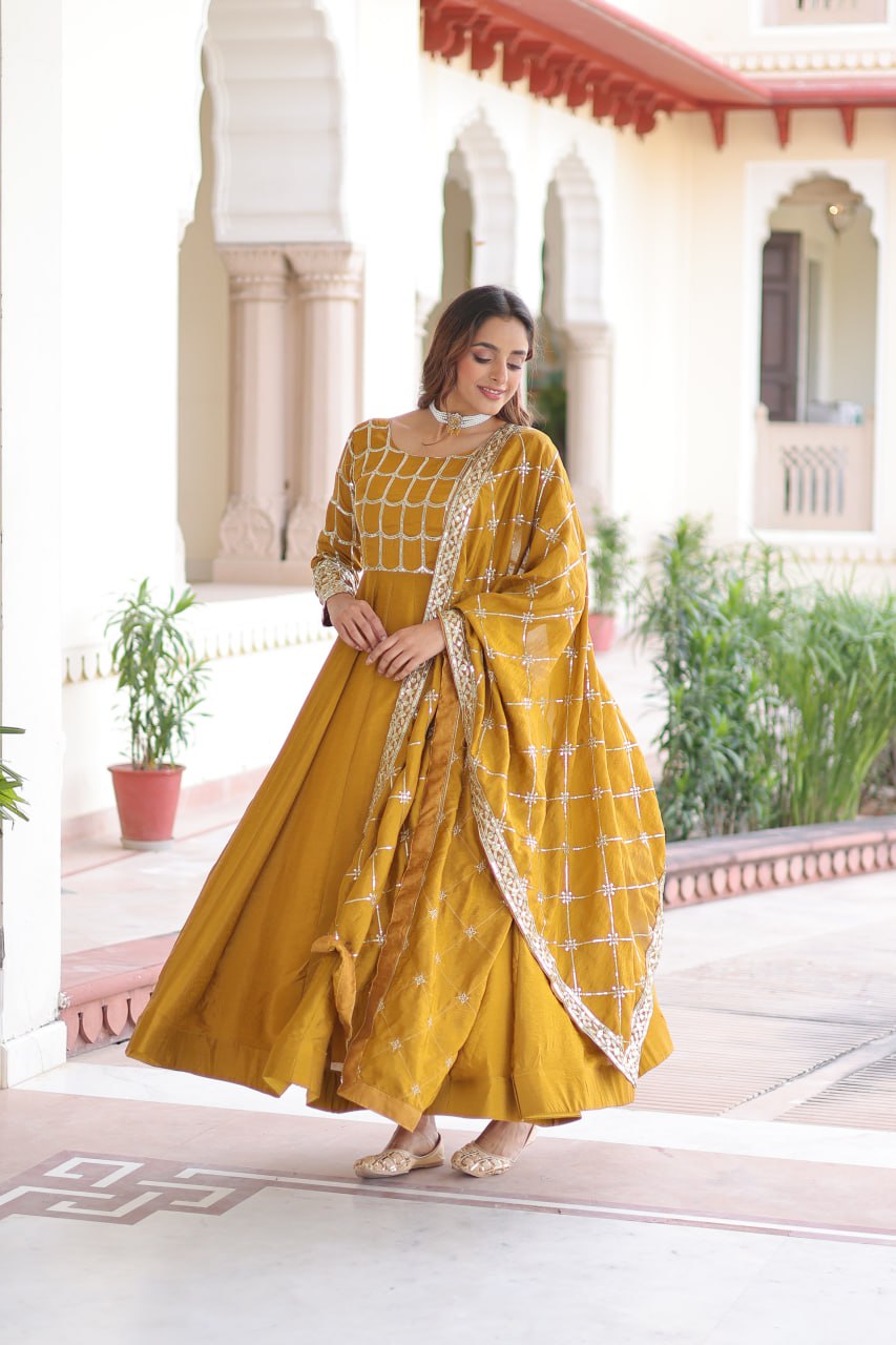 Designer Sequince with Thread Embroidered Gown of Musterd Colour