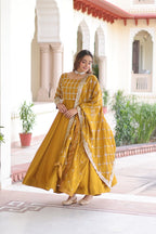 Designer Sequince with Thread Embroidered Gown of Musterd Colour