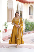 Designer Sequince with Thread Embroidered Gown of Musterd Colour