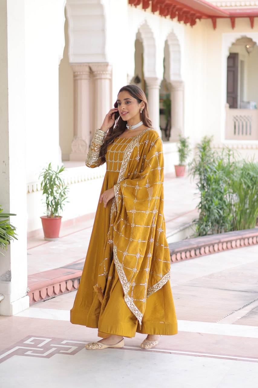 Designer Sequince with Thread Embroidered Gown of Musterd Colour