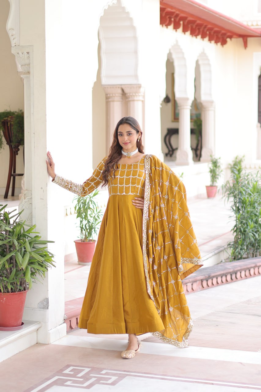 Designer Sequince with Thread Embroidered Gown of Musterd Colour