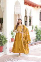 Designer Sequince with Thread Embroidered Gown of Musterd Colour