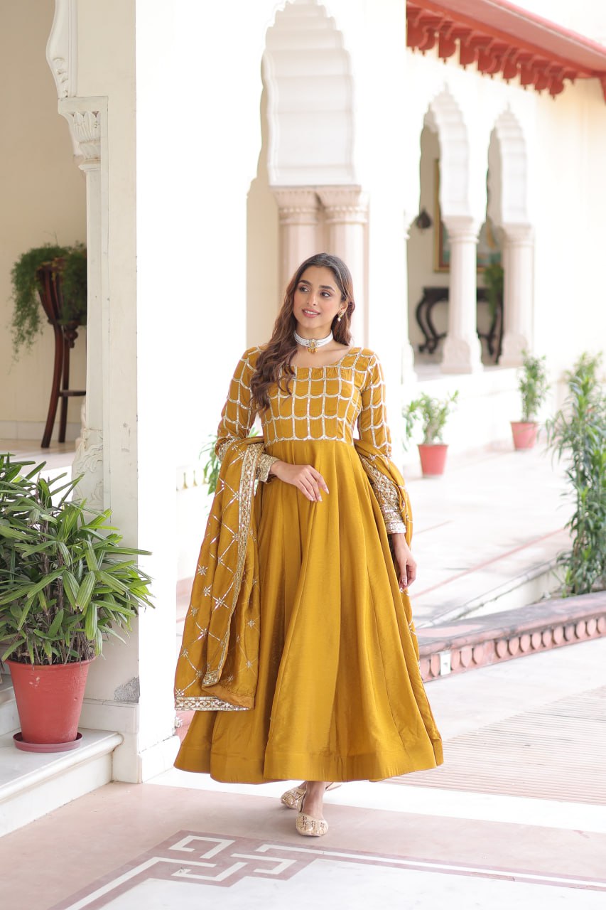 Designer Sequince with Thread Embroidered Gown of Musterd Colour