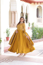 Designer Sequince with Thread Embroidered Gown of Musterd Colour