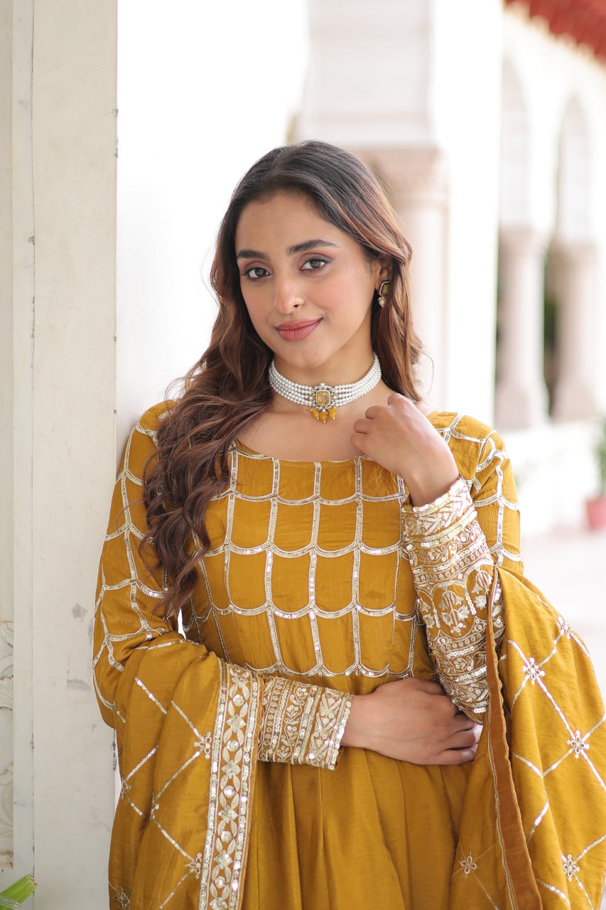 Designer Sequince with Thread Embroidered Gown of Musterd Colour