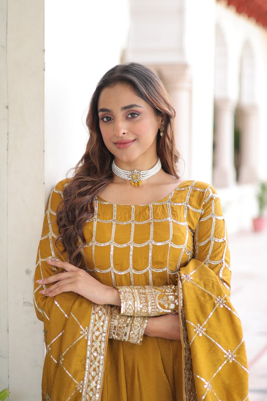 Designer Sequince with Thread Embroidered Gown of Musterd Colour