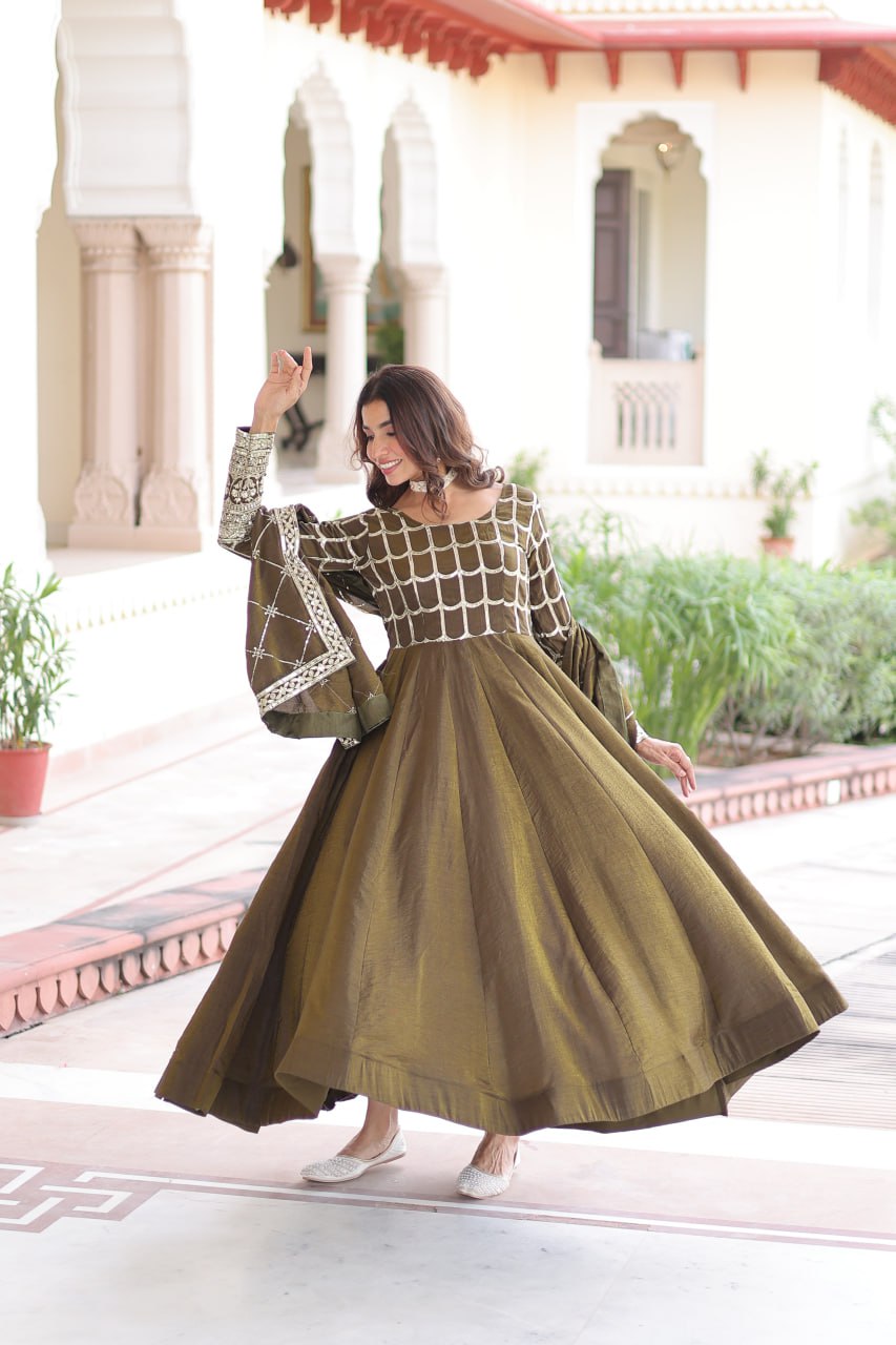 Designer Sequince with Thread Embroidered Gown of Green Colour
