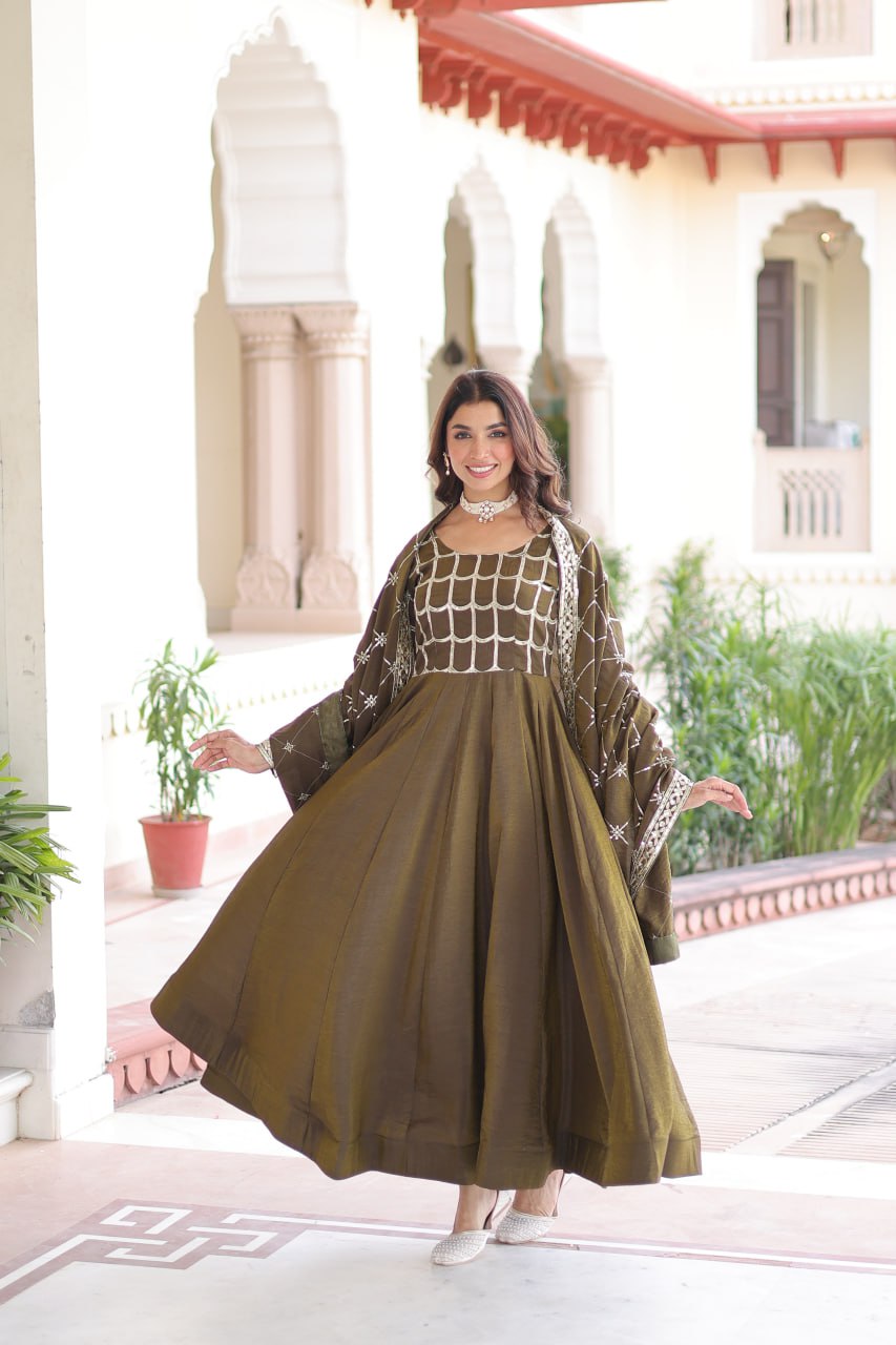 Designer Sequince with Thread Embroidered Gown of Green Colour