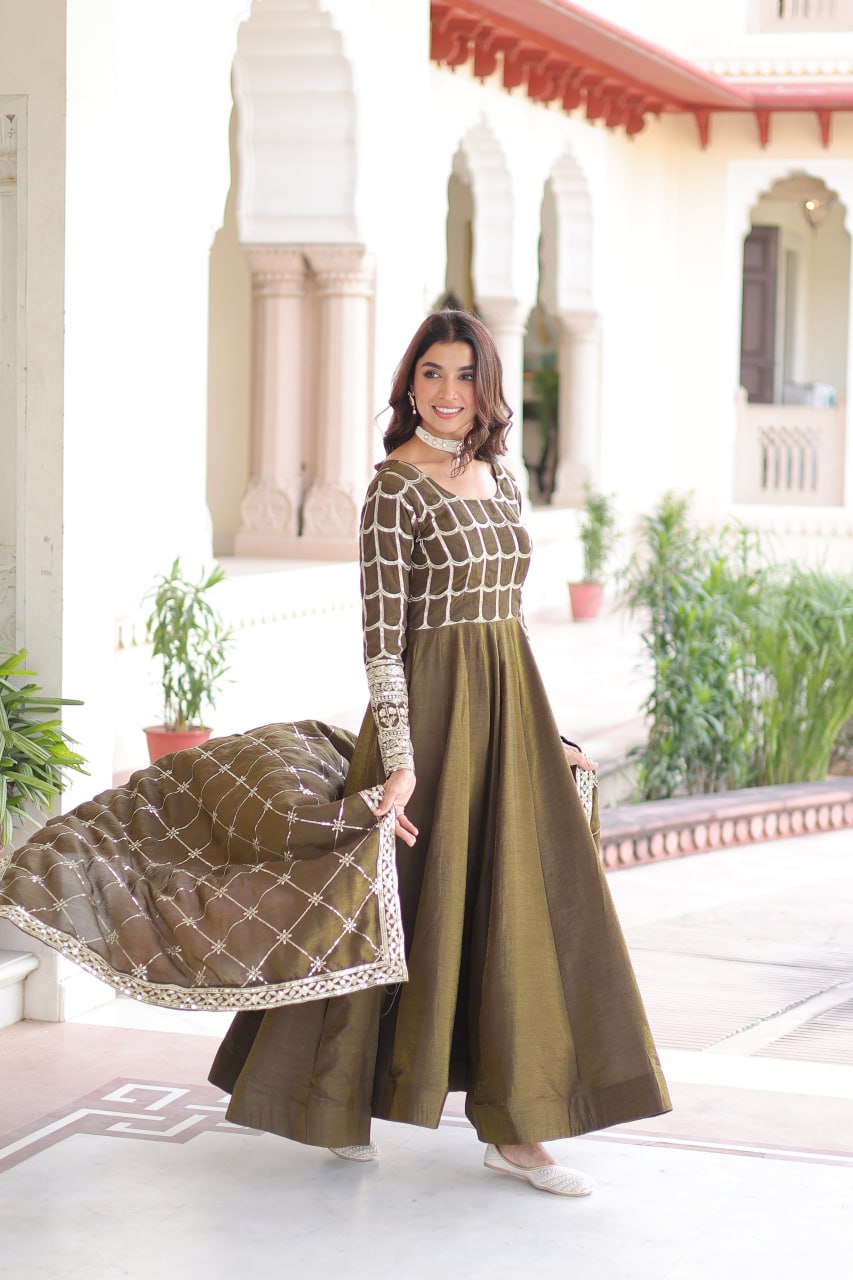Designer Sequince with Thread Embroidered Gown of Green Colour