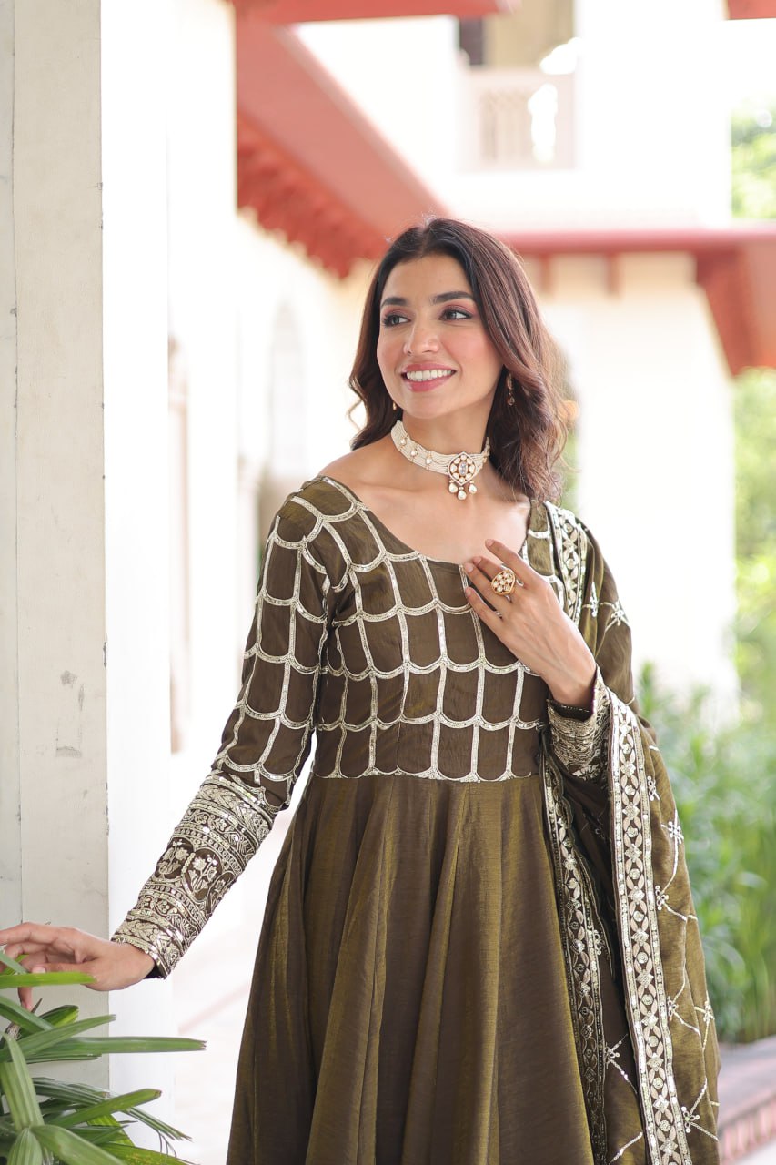 Designer Sequince with Thread Embroidered Gown of Green Colour