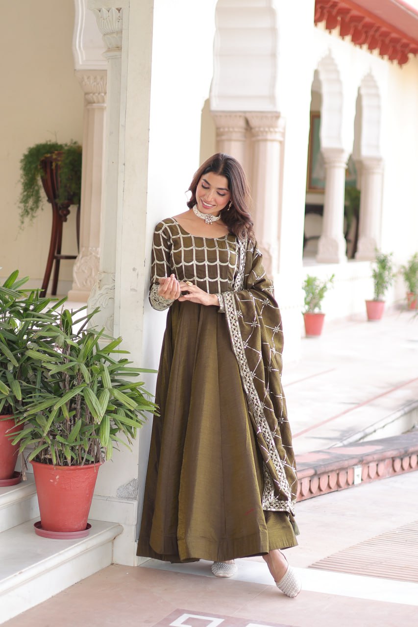 Designer Sequince with Thread Embroidered Gown of Green Colour